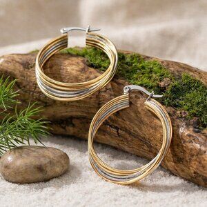 18K Gold Plated Tri-Color Hoop Earrings Stainless Steel Mixed Metal Twisted 1.5"
